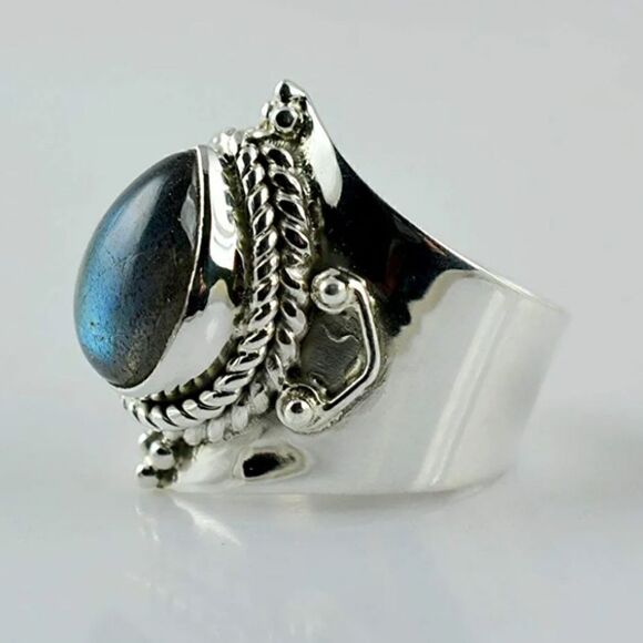 Gemstone Labradorite Pearl Shape Silvery Rings Size 6 - Picture 7 of 9